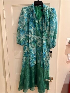 Tahari ASL Green & Aqua Floral Tie-Neck Midi Dress
